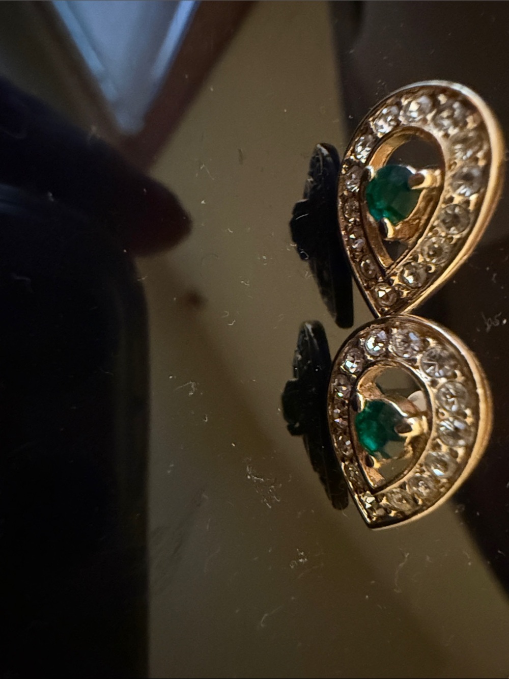 Gold Teardrop Earrings with Green Gemstone and Clear Crystals